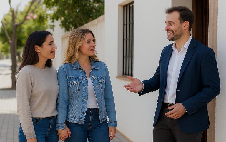pareja resolviendo dudas con agente inmobiliario en málaga capital