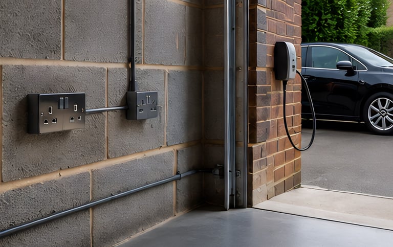 Garage electrical installation with UK double sockets, EV charger and power supply setup at a modern home in Chesterfield.
