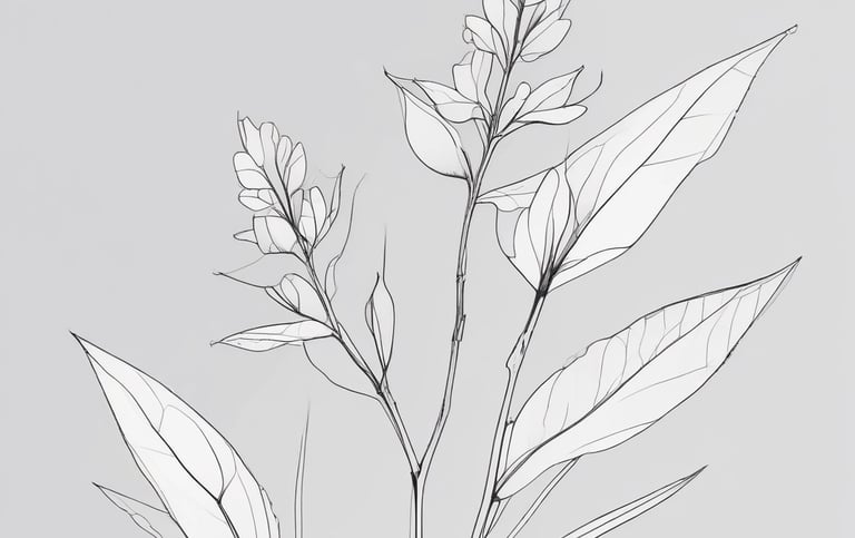A small black-and-white line illustration of a calm herb sprig.