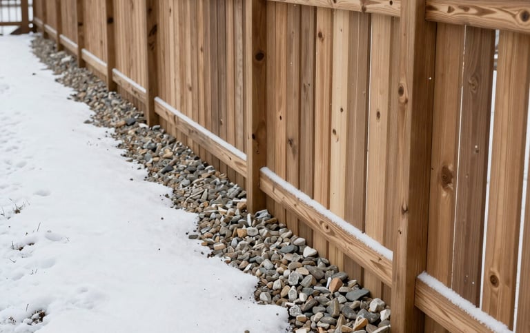 A durable cedar wood privacy fence standing in a snowy backyard with decorative river rock landscaping.