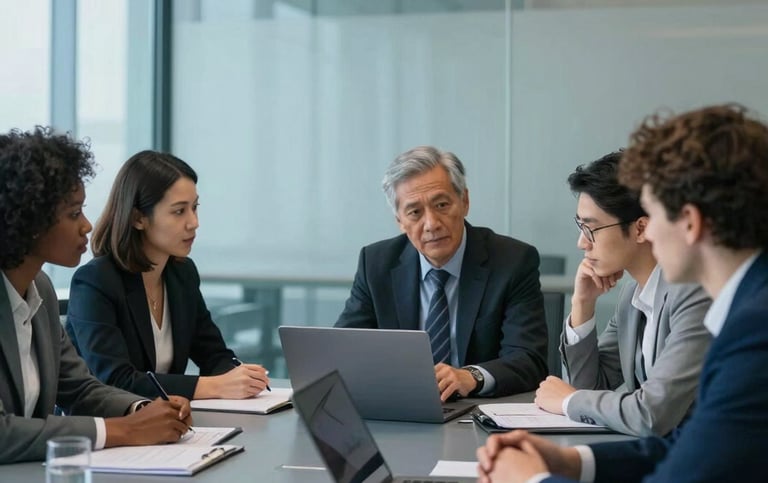 A diverse group of IT professionals in a sleek, glass-walled conference room. They are engaged in a professional discussion over a slim laptop. The environment is lit with bright, cool light, incorporating slate blue and dark navy tones.