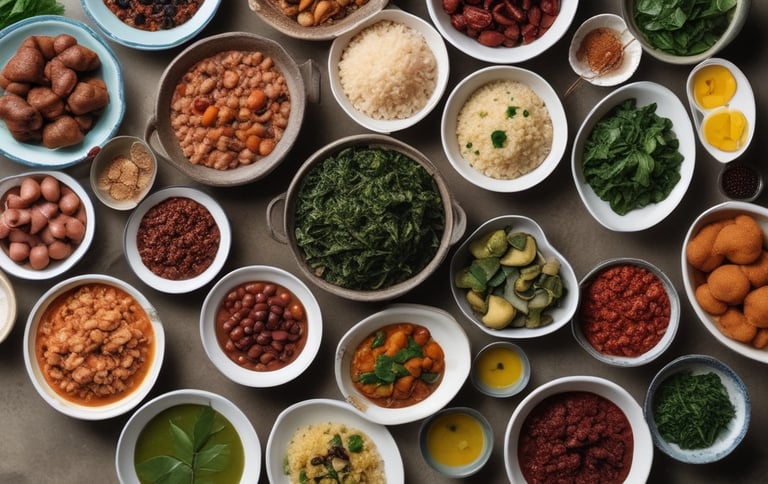 variedades de comidas postas em uma mesa. legumes, grãos, caldos 