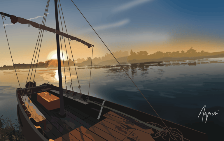 a boat on the water with a sunset in the background