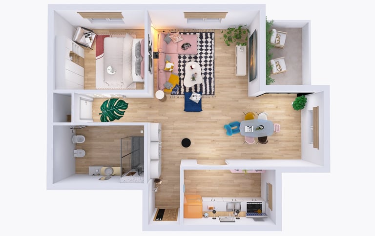 Planta arquitectónica 3D de departamento moderno con diseño de interiores a medida.