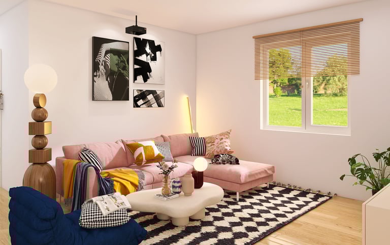 Diseño de sala de estar moderna con sofá rosa, alfombra geométrica y detalles decorativos amarillos.