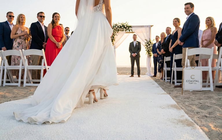 beach wedding with white artificial turf so the brides heels dont sink