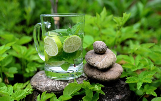 zen-artig angeordnete Steine mit einem Glas infused Wasser mit Limetten inmitten von Minze eingehüllt
