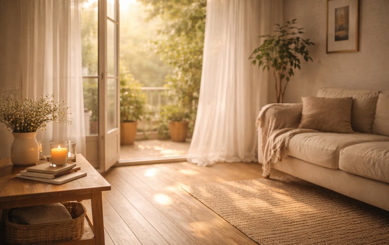 Uma sala de estar clean simbolizanodo o sossego da permanência, os efeitos cumulativos da mudança