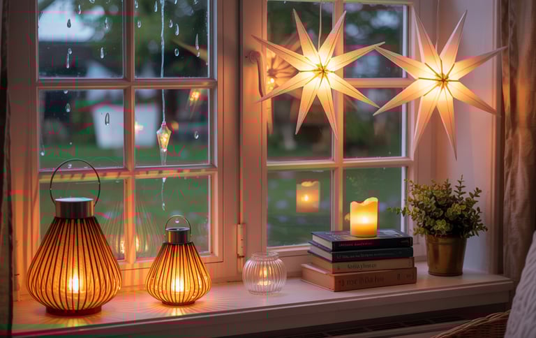 a window sill with candles and candles