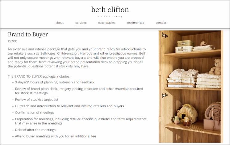 Screenshot of Services on Beth Clifton Consulting's website