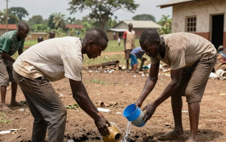 A community gathering around a newly installed water well in a Congolese village.