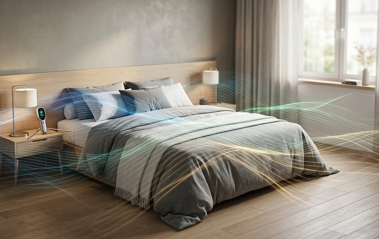 Smart air purifier monitor in a modern bedroom showing colorful air quality waves over the bed.