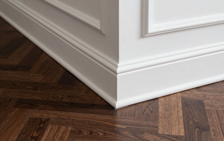 A detailed architectural photograph of high-end white crown molding meeting a dark walnut herringbone patterned floor. The shot showcases exquisite trim work and sophisticated design in a luxury North American residence.