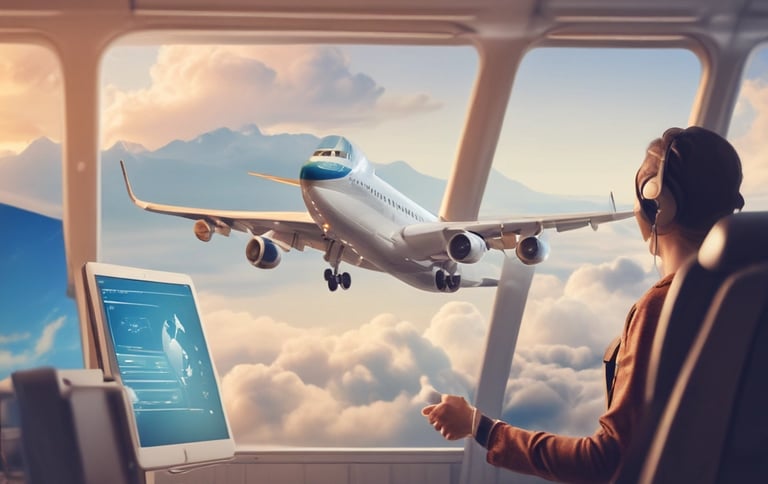 A serene airport runway at sunset with a plane ready for takeoff.