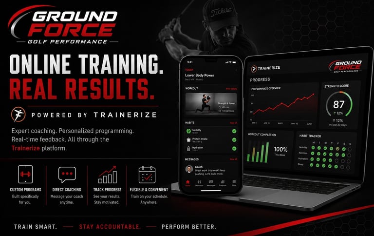 Ground Force Golf Performance online training app interface showing personalized workout progress and strength scores.