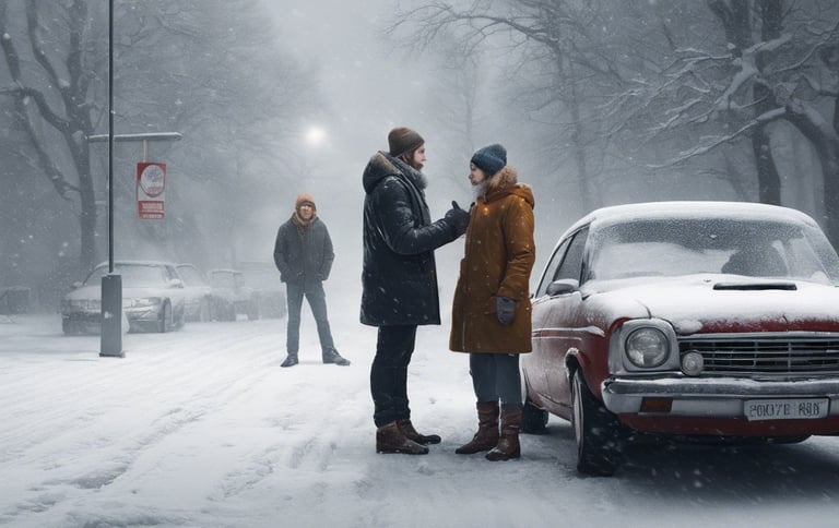 Two men argue with one another while standing next to a car parked on a snow covered street
