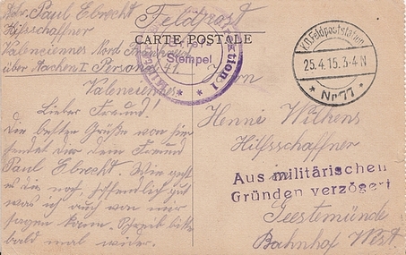 This card was sent by an auxiliary railway clerk (Hilfsschaffner) who was employed by the MED 1