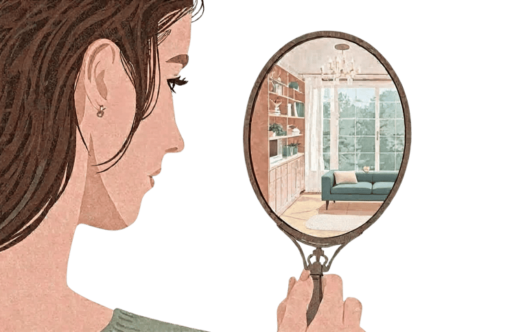 Femme observant dans un miroir le reflet de sa maison – illustration du coaching Feng Shui “Ma maiso