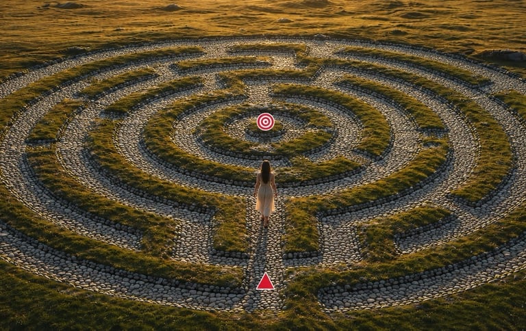 Das Labyrinth des Lebens, in einem Garten mit eingrenzenden Hecken und steinigen Wege.