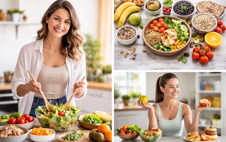 Mulher preparando refeição saudável com alimentos naturais.