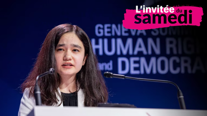 Nila Ibrahimi speaking at the Geneva Summit for Human Rights and Democracy. 