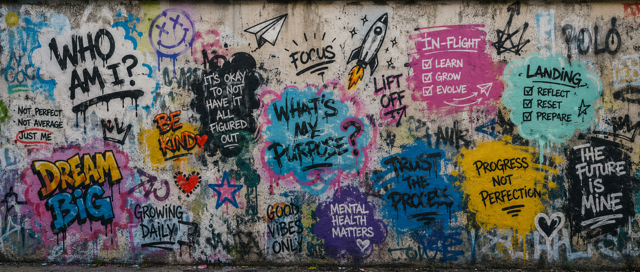 graffiti filled wall with identity related words and images
