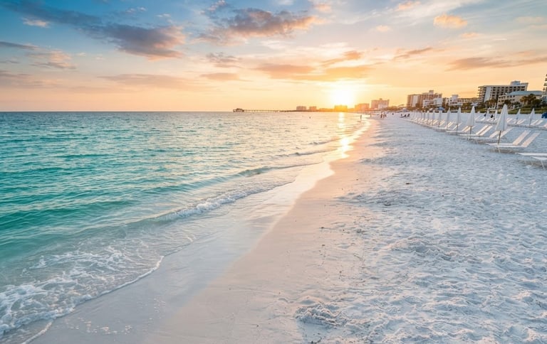 Wide environmental shot of Clearwater Beach at golden hour, turquoise gulf waters gently washing onto pristine white sand, empty beach chairs in the distance, bright natural light.