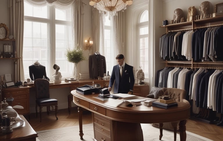 A storefront window of a bespoke tailoring shop displays mannequins dressed in formal suits. Inside, a cozy interior room is visible with a warm yellow light, featuring a person at a desk with a laptop, decorative furniture, and artwork on the walls.