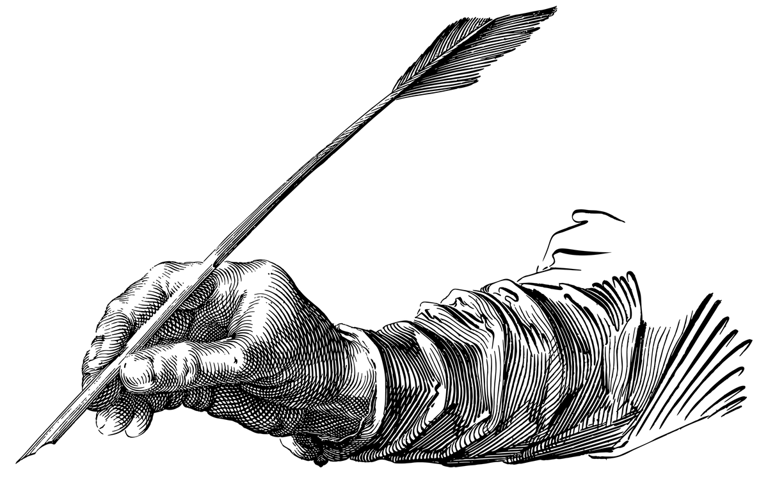 Main écrivant à l'aide d'une plume, gravure.