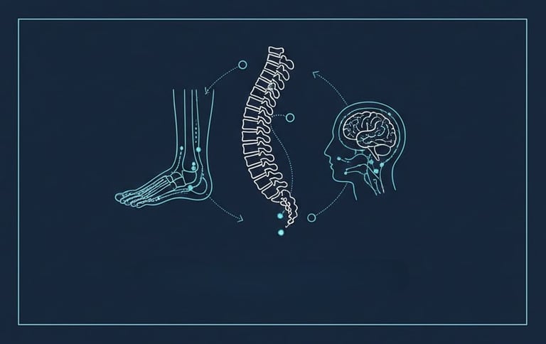 Illustration av den biomekaniska kedjan för primärvårdsrehabilitering hos Kroppia – samverkan mellan fot, rygg och nacke.