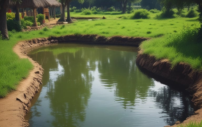 create me a realistic fish farm pond surround by green grasses and trees in Ghana Africa