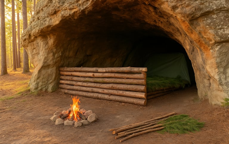 Primitive rock shelter with survival fire pit, pine bedding, and log windbreak for bushcraft camping