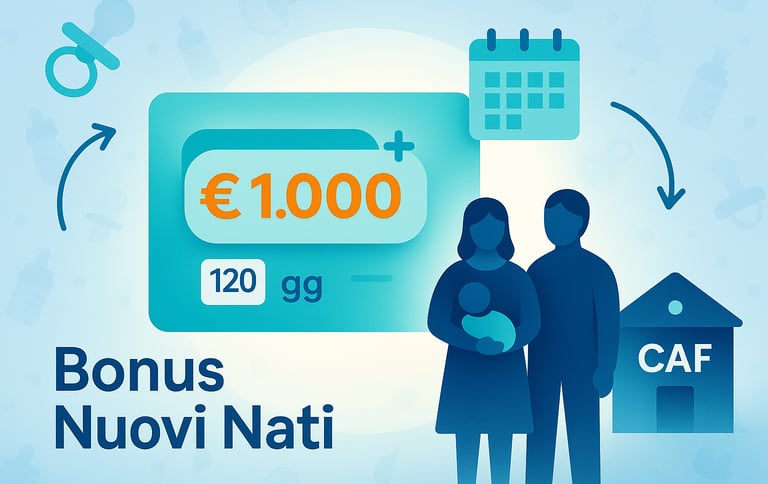 Illustrazione flat del Bonus Nuovi Nati 2025: carta da 1.000€, famiglia, calendario e CAF