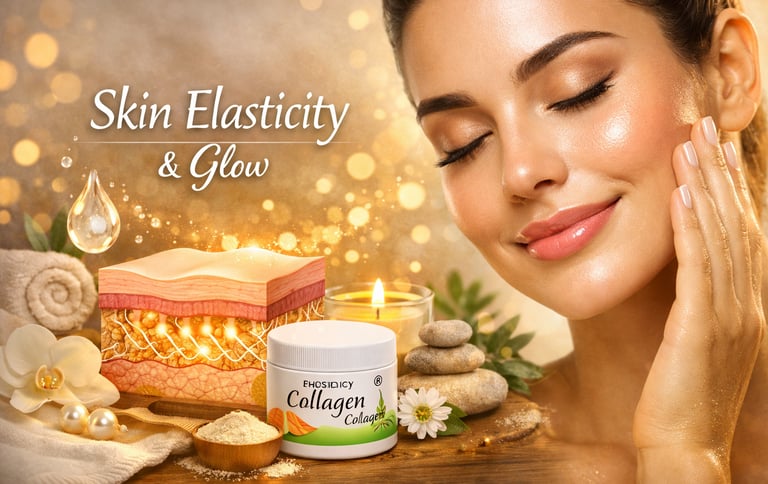 A glowing woman with smooth skin posing next to a collagen cream jar for skin elasticity and glow.