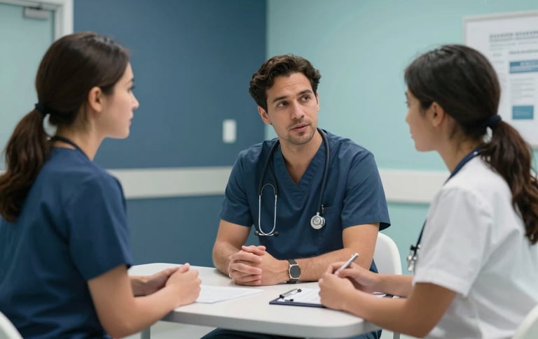 A compassionate clinical consultation in a modern North American / US health center. A professional team discusses care in a room with dark slate blue and pale aqua decor, reflecting reliable support.