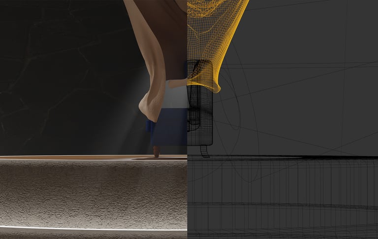 imagine "before & after" pentru un fotoliu in spatiul 3D