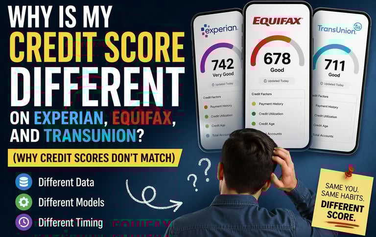 Comparison of different credit scores from Experian, Equifax, and TransUnion on mobile screens.