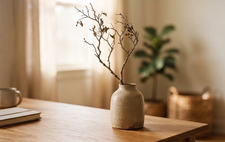 A minimalist oak desk with a ceramic vase holding a single dried branch, warm morning light, shallow depth of field