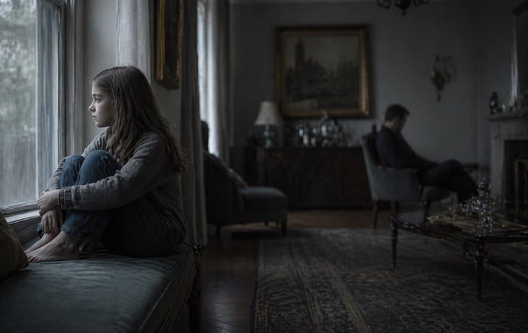 Young girl sitting next to the window in a dark and emotionally cold room.