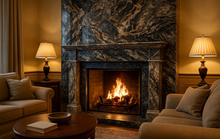 a living room with a leftover granite fireplace and a couch