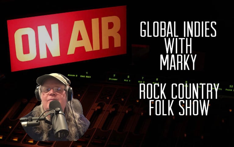 mark glazier (marky)  in a hat and a microphone in front of a radio set