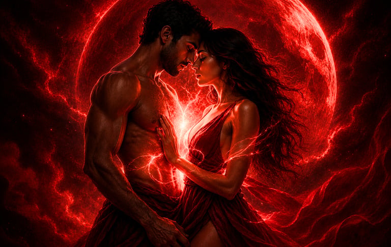 Fantasy art of a romantic couple embracing against a glowing red moon with electrical energy.