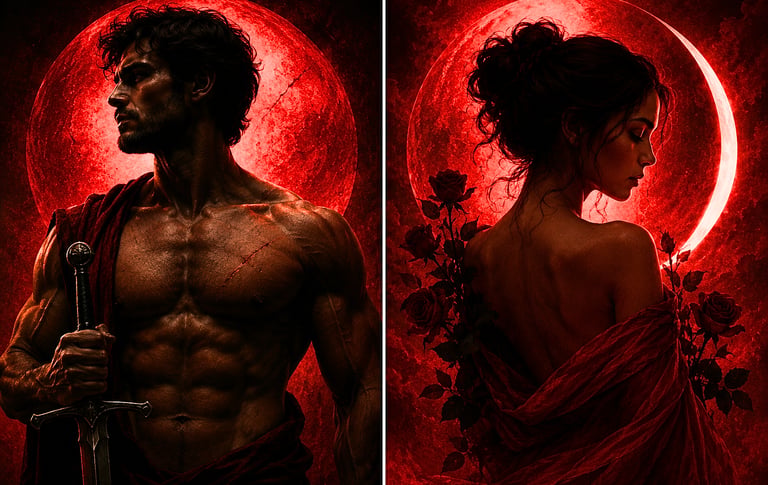 Muscular warrior with a sword and a beautiful woman with roses, both under a crimson moon, evoking dark fantasy