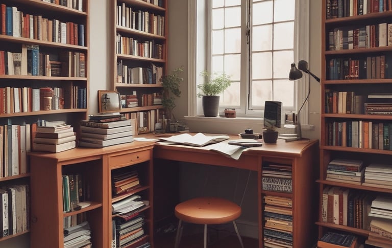 A close-up view of a shelf lined with several books. One book has a bright blue spine with the title 'Ten Year Career' by Jodie Cook written in yellow block letters. Surrounding it are various other books with titles visible, including 'Gray Vaughan' and 'Maier'. The books are neatly arranged, creating a sense of order.