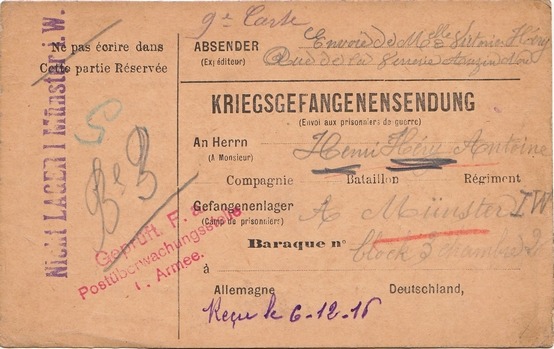 Kriegsgefangenensendung Geprüft F.a. Postüberwachungstelle 1. Armee