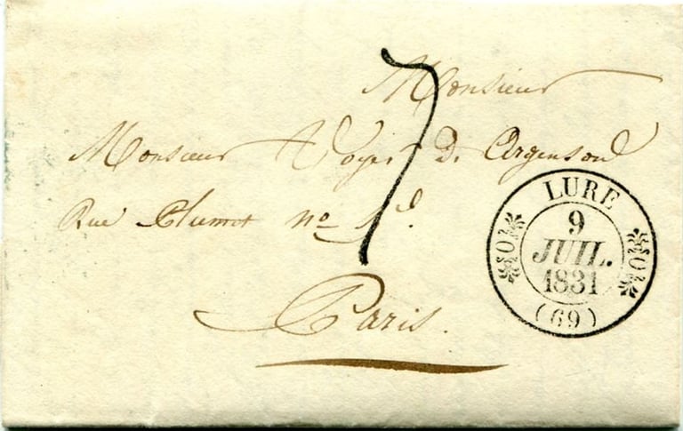 Lettre en port dû de LURE à PARIS taxée à 7 décimes (moins de 7.5 g sur une distance de 333 Km).