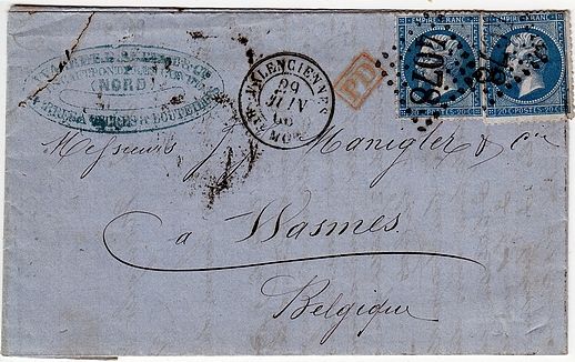 Letter weighing more than 10 g franked at 40 c from ESCAUPONT to WASMES.
