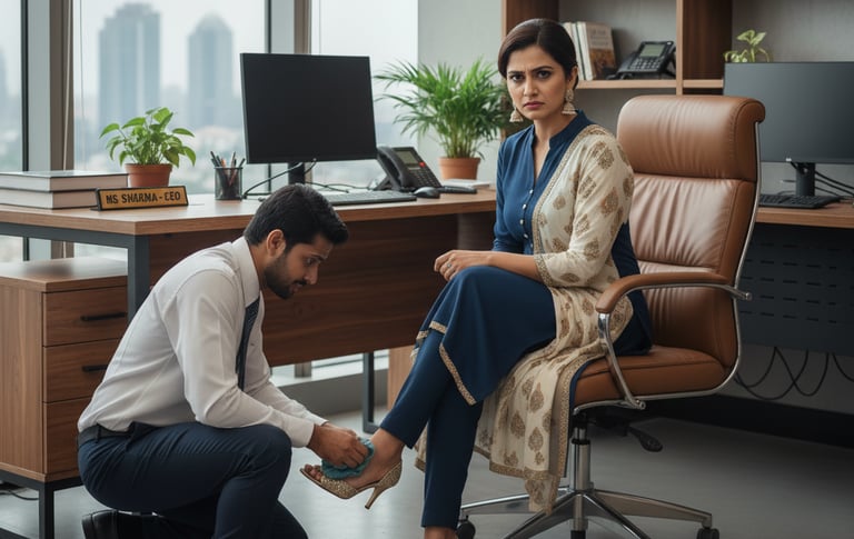 a indian women sitting on office chair and one empolyee clean their feet