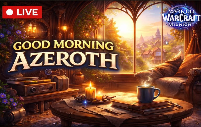 Cozy World of Warcraft Midnight Housing inspired room with warm morning light, coffee, candles, books, Good Morning Azeroth