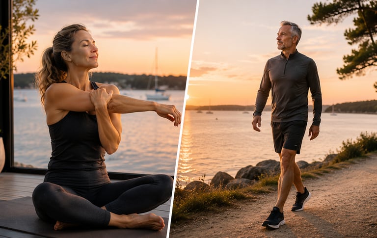 Femme en séance d'étirement des épaules, homme en récupération active lors d'une marche au bord du Golfe.